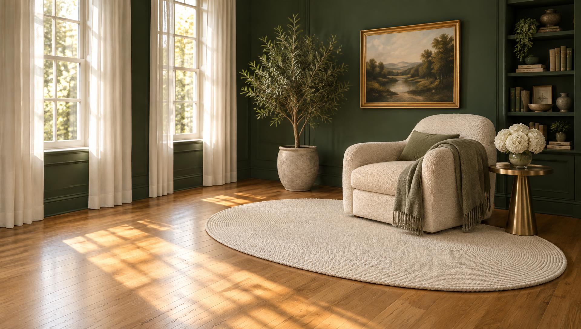 A sunlit living room with deep green walls, tall windows and a large cream oval rug